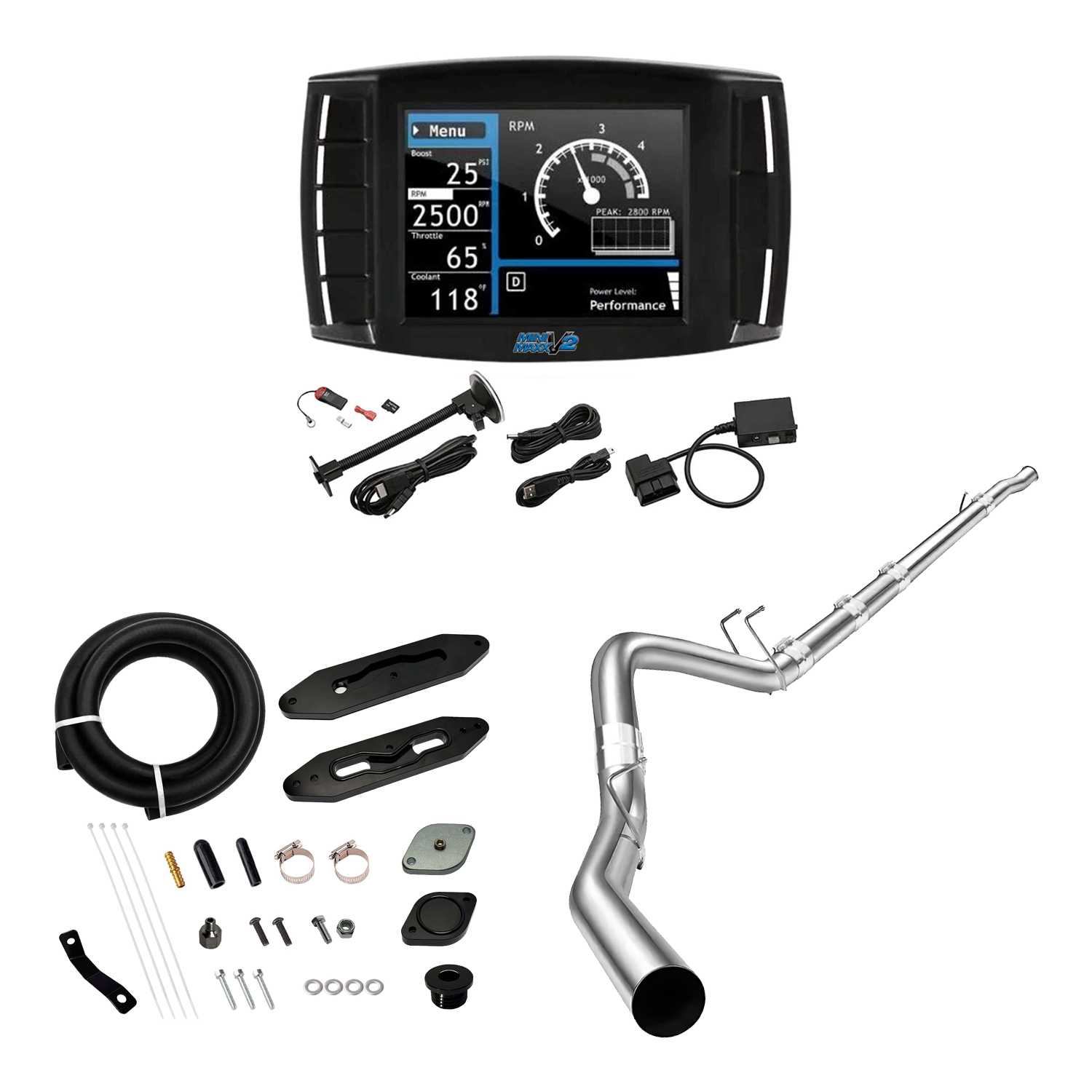 2011-2014&2017-2019 6.7L Powerstroke DPF/DEF/EGR All-in-One Delete Kit | Mini Maxx V2 Tuner, 5" Downpipe-Back, EGR Delete Black | EngineGo